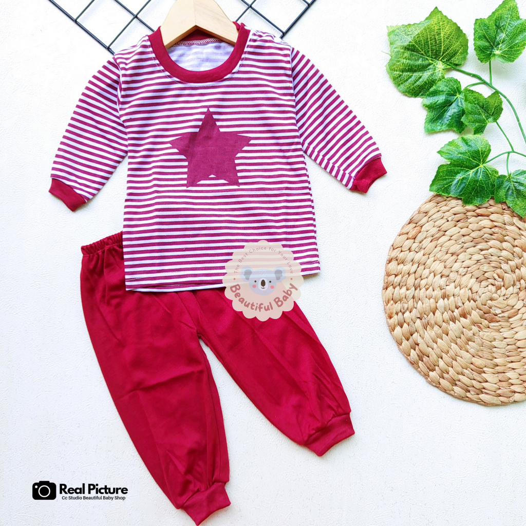 Setelan Baju Bayi Panjang Laki-laki Motif Star / Piyama Bayi Laki-laki / Baju Tidur Bayi / Kaos Oblong Bayi &amp; Anak Kancing Pundak / Baby.ou