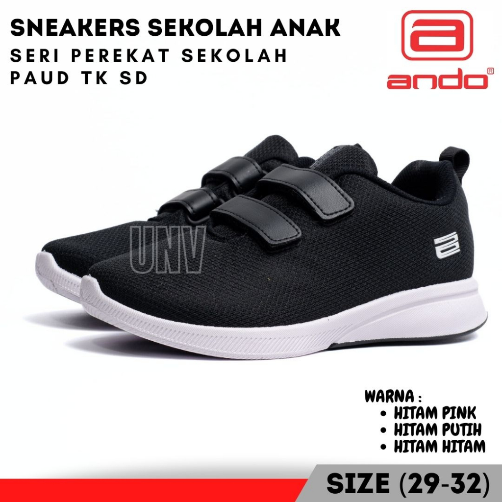 Sepatu Sekolah Anak Perempuan Laki Ando Hitam Putih Pink Polos Kets Spatu Balita Umur 4 5 6 7 8 Tahun Skolah Paud TK SD