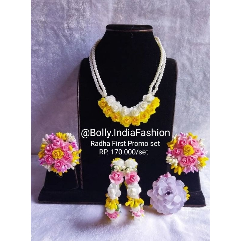 Radha First Promo Set Jewellery Perhiasan radha bunga Putih Kuning Flower India Jewellery set Haldi 