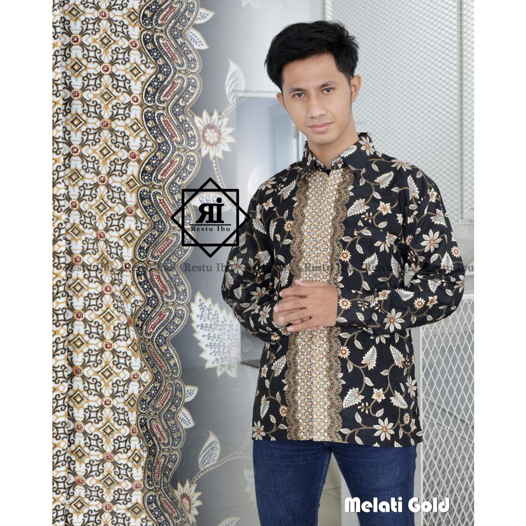 Kemeja Batik Pria Lengan Panjang Bahan Katun Premium Motif Melati Gold Kekinian Cocok Untuk Kantoran Kondangan Dan Acara Besar Lainnya