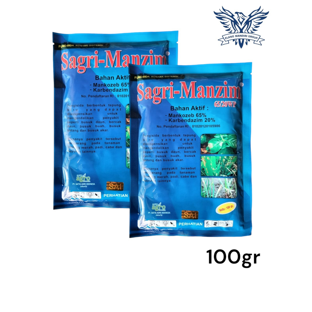 Fungisida Sagri-Manzim 65/20 WP 100gr SAGRI MANZIM Bahan Aktif  Mankozeb 65% + Karbendazim 20% Mengendalikan Penyakit Busuk Pada Tanaman