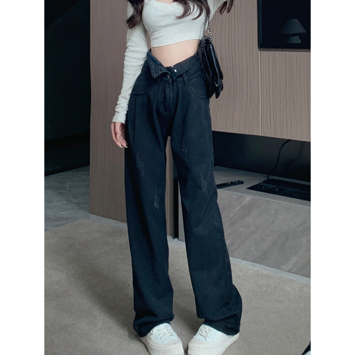 Celana Jeans Highwaist Wanita Premium Vintage Boyfriend Straight Jeans Korean Style Kekinian  kancing Celana Panjang