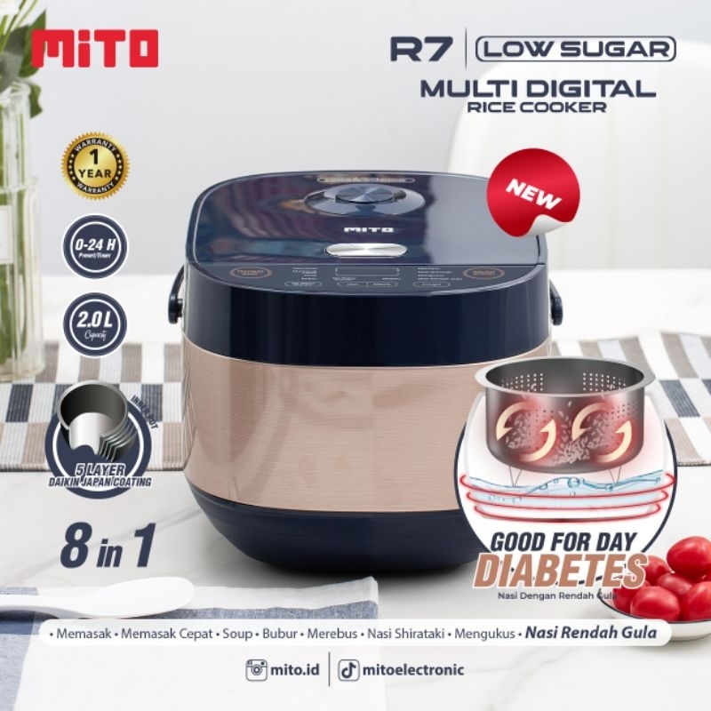 Mito R7 Less Sugar 8 in 1 Glow Multi Digital Rice Cooker 2 Liter 8 in 1 Menu Japan Quality - Original