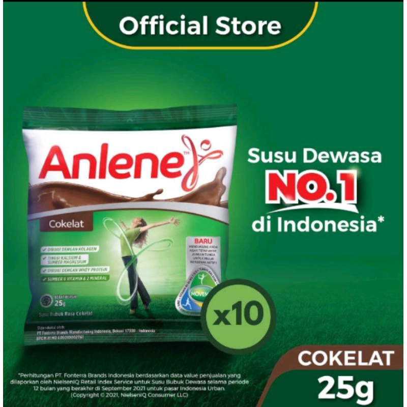 

Susu Anlene Sachet Rasa coklat 1 Rcg ( 10 Sachet x 20gram ) - exp 2025