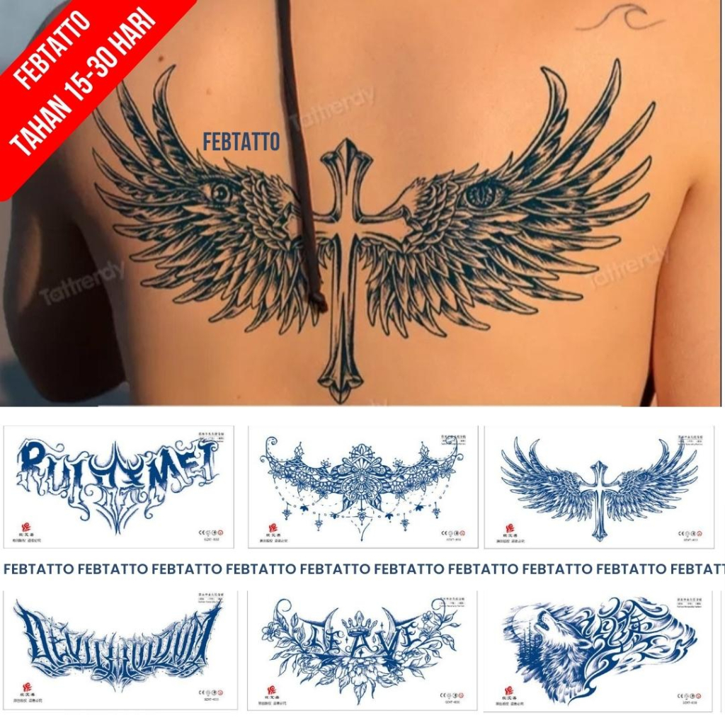 Tato Temporer Ukuran 28cm x 15cm Motif Salib Sayap GZXT 033 Tato Lengan Tato Dada Tato Tangan Tato K