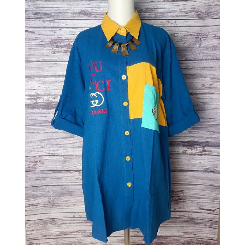 Tunik Kemeja Katun Linen Import - Tunik Biru Navy