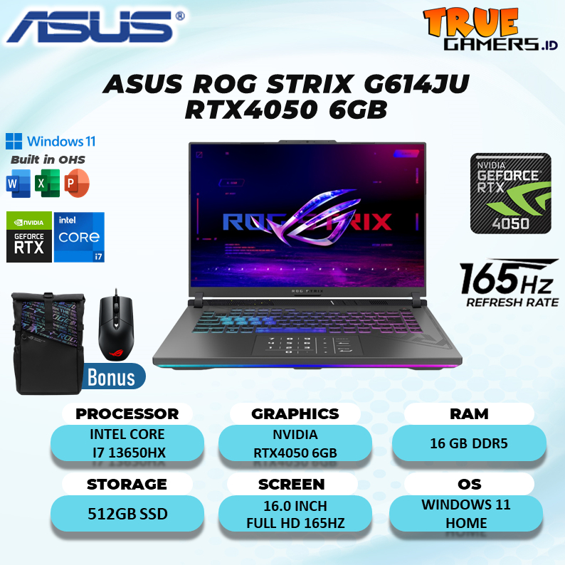 Laptop Asus Rog Strix G614JU  RTX4050 6G I7 13650HX 16GB 512SSD W11+OHS 16.0FHD 165HZ 4ZRGB