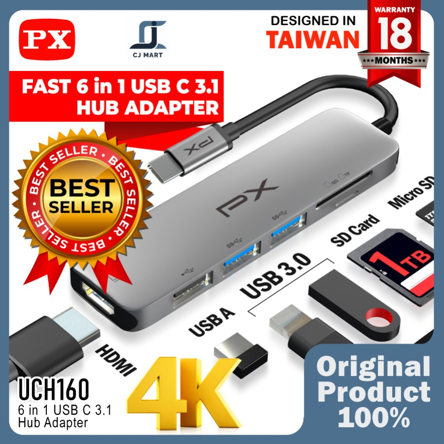 USB Hub Converter Type C 3.1 Macbook Laptop HDMI 6 in 1 PX UCH160