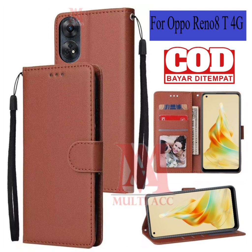 OPPO RENO8 T 4G Leather Flip Cover Wallet Case Kulit - Casing Dompet Case Wallet Leather Flip OPPO R