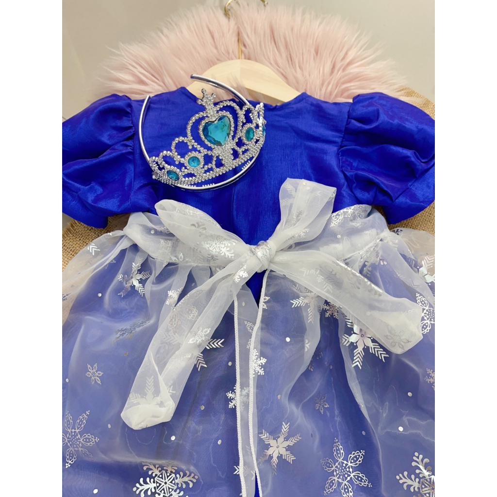 Dress Import Anak BIru Tua Pita Snowflake (Gratis Crown Set)