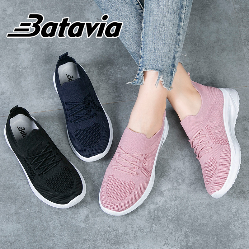 Batavia terbaru impor Sepatu rajut wanita Fashion Sepatu wanita olahraga premium perempuan rajut sepatu renda wanita sepatu lari anak perempuan Baru Shoes Sport Original Pink Hitam Abu Grey kanvas sekolah korea Onlinemall N14