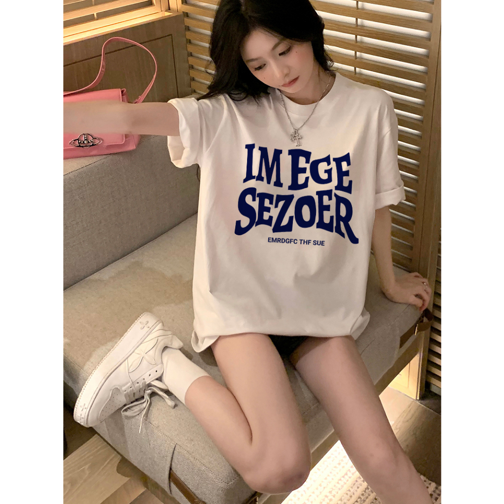 EUNII T-shirt Lengan Pendek Retro Biru English Korean Style/Kaos Atasan Wanita/Baju Kaus Oversize Wanita/Kaos Wanita