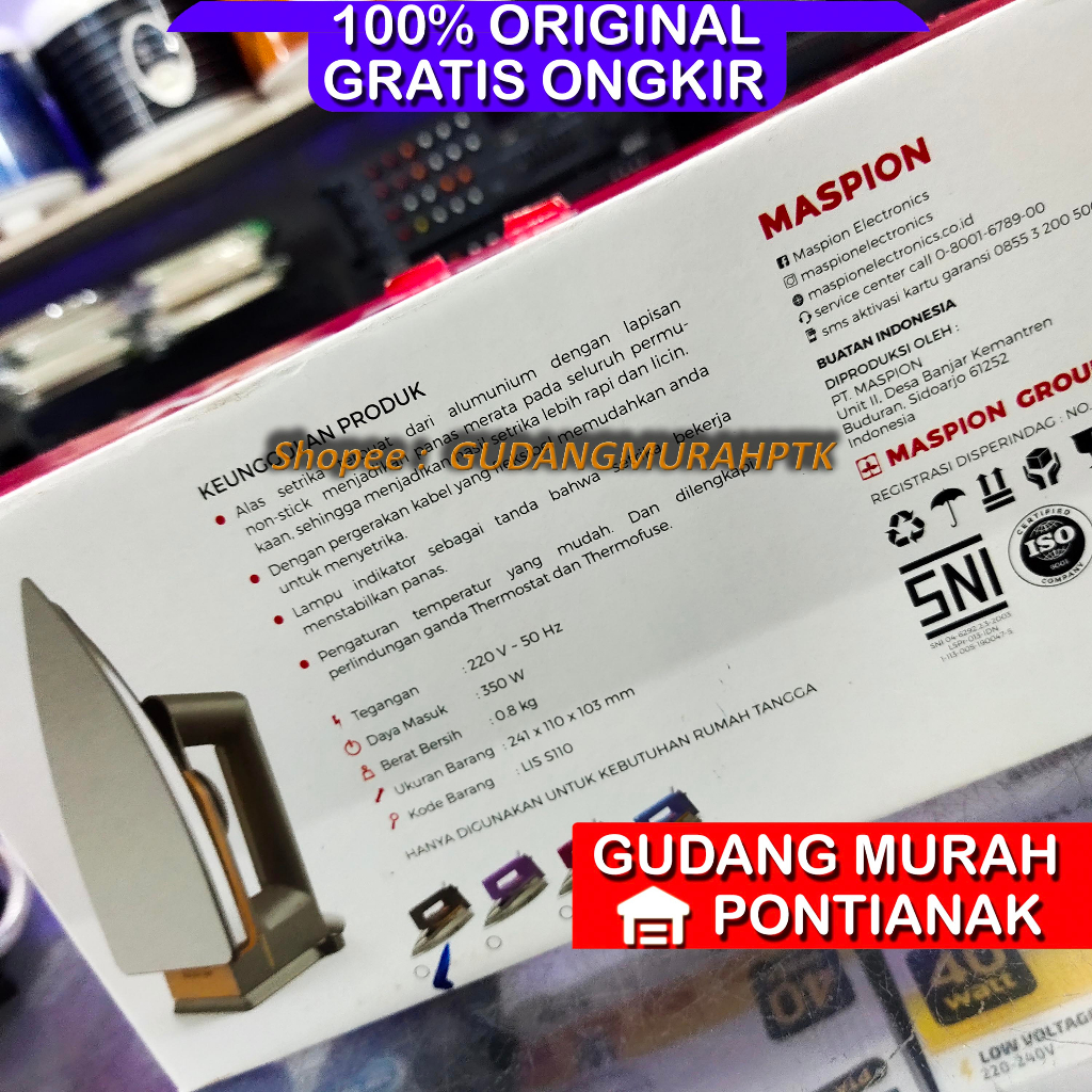 Setrika Maspion HA-110 Classic Anti Lengket iron Otomatis Body Stainless badan putih stenles stenlis