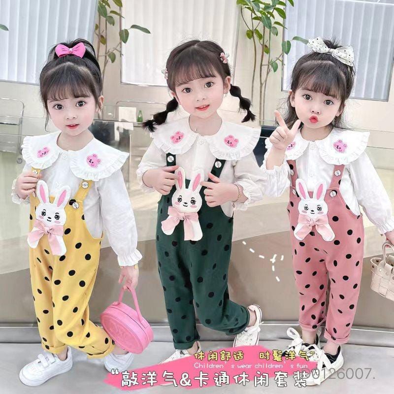 [1-5T] Setelan Set Anak Perempuan Overall Jumpsuit Panjang JEANS katun POLKADOT Mice rabbit / SETELAN OVERALL JUMPSUIT JEANS POLKADOT IMPORT