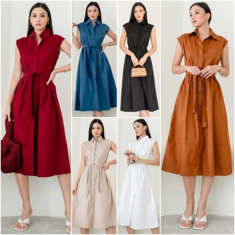 ♡ PREMIUM ♡ ORIGINAL ! SHELMA COLLAR BUTTON TIED LESS SLEEVE MIDI DRESS ( BUSUI FRIENDLY )