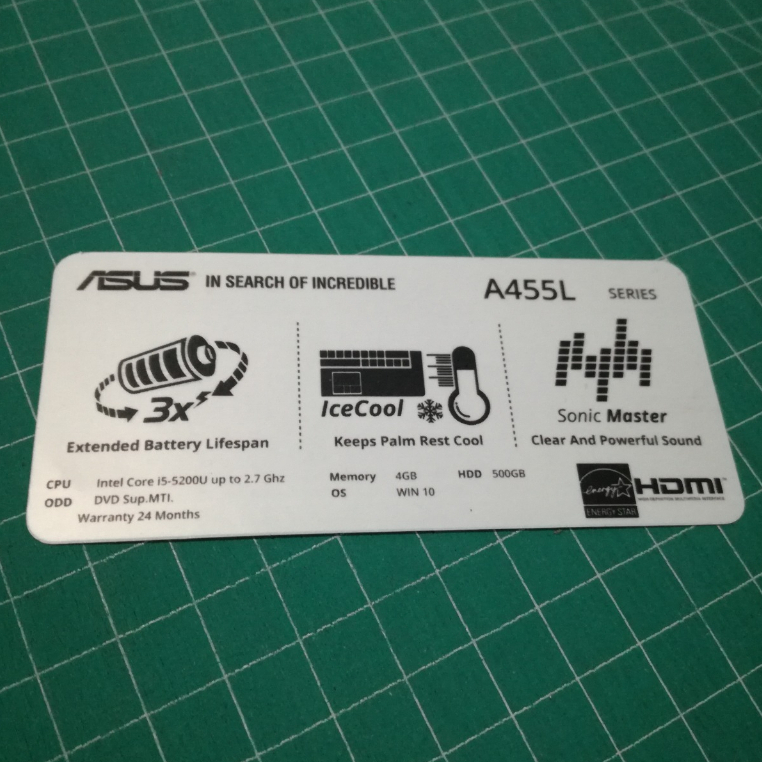 Stiker Spesifikasi Laptop Asus A455L