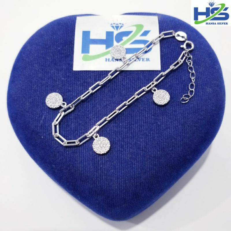 Gelang Perak Asli Silver 925 Lapis Emas Putih Model Rantai Nori Catena Gantungan Love Bulat Bunga - Gelang Perak Wanita Anti Karat