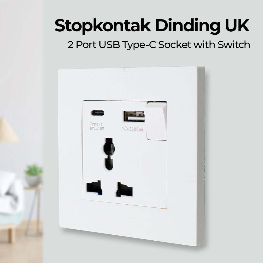 Stopkontak Dinding UK 2 Port USB Type-C Socket with Switch - SR3 - White