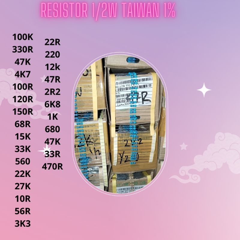 P1 10 Resistor 1/2W Taiwan metal film 1%  berbagai ukuran kaki tembaga