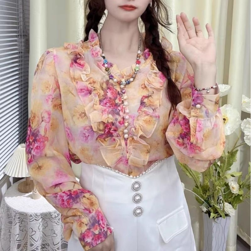 MDLV ~ 7700# Soyya Raffled Blouse Flower korea