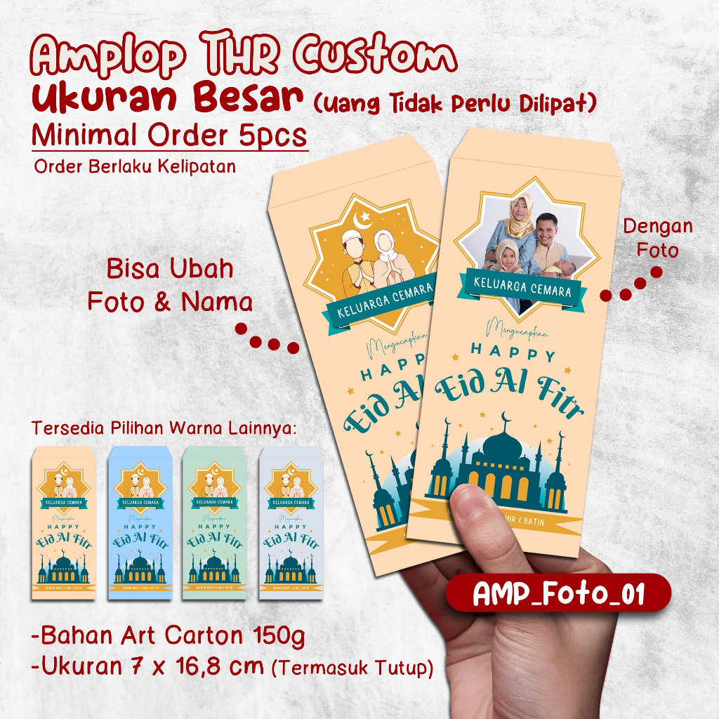 

[Minimal Order 5pcs & Berlaku Kelipatan] - Amplop Custom Ukuran Besar / Uang Tidak Perlu Dilipat - Custom Amplop Lebaran/ Amplop THR/ Money Envelop Bisa Custom Foto & Tulisan