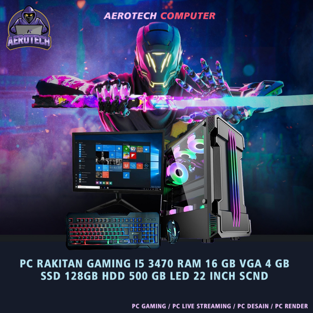 PC RAKITAN GAMING CORE I5 3470 | RAM 16 GB  | VGA 8 GB DDR5 | SSD 128 GB | HDD 500 GB | LED 24 INCH EDITING DESAIN RENDERING