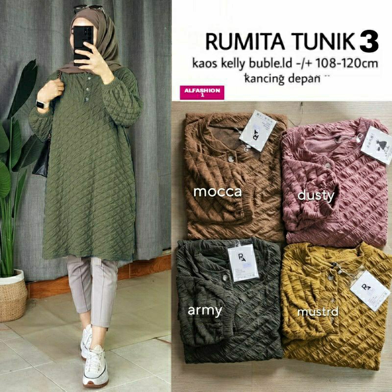 Rumita Tunik #3, TUNIK LEBARAN CANTIK MODIS FIT XXXL LD 108-130 BAHAN KAOS KELLY BUBLE IMPORT KANCING BUSUI TERMURAH TERLARIS OOTD KEKINIAN