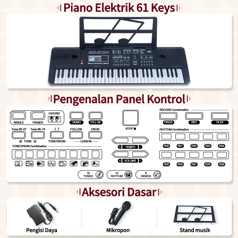 Keyboard Elektrik 61 Kunci Multifungsi untuk Anak Pemula / Keyboard Elektrik Portabel / Keyboard Piano