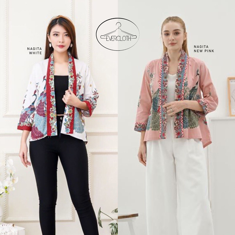 Evercloth Nagita Blazer Batik Wanita Outer Batik Rompi Wanita Jaket Luaran Family Batik Couple Atasan Blouse Batik Bomber Couple Seragam Couple Batik Modern Burung Hong White