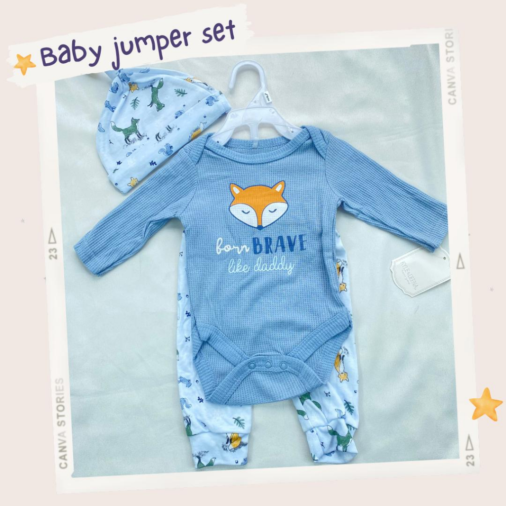 baju bayi sleepwear piyama kupluk homewear jumpsuit bungkus kaki /  JUMPER SET 3in1 0-9 bulan import