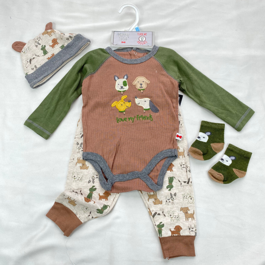 JUMPER SET 4in1 lengan panjang unisex impor / baju bayi jumpsuit baby romper  0-9 bulan setelan kupluk