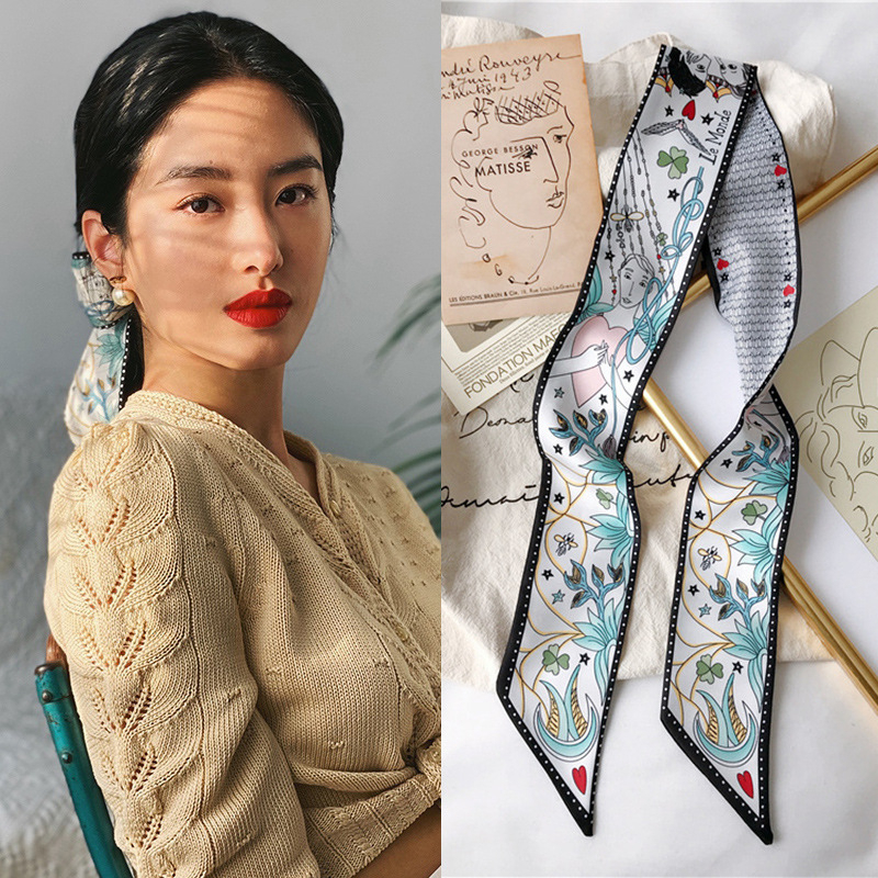 Syal pita rambut sutra kecil wanita syal sutra imitasi double-layer panjang sempit syal Kartu Tarot pembungkus tas menangani pita syal sutra Ikat kepala pencetakan100*6cm