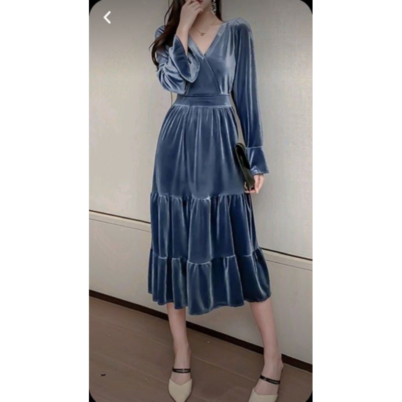 Chiobushop - Lisa Bludru Velvet / Long Dress Midi Casual | Midi Dress Wanita Party Bridesmaid Kondan