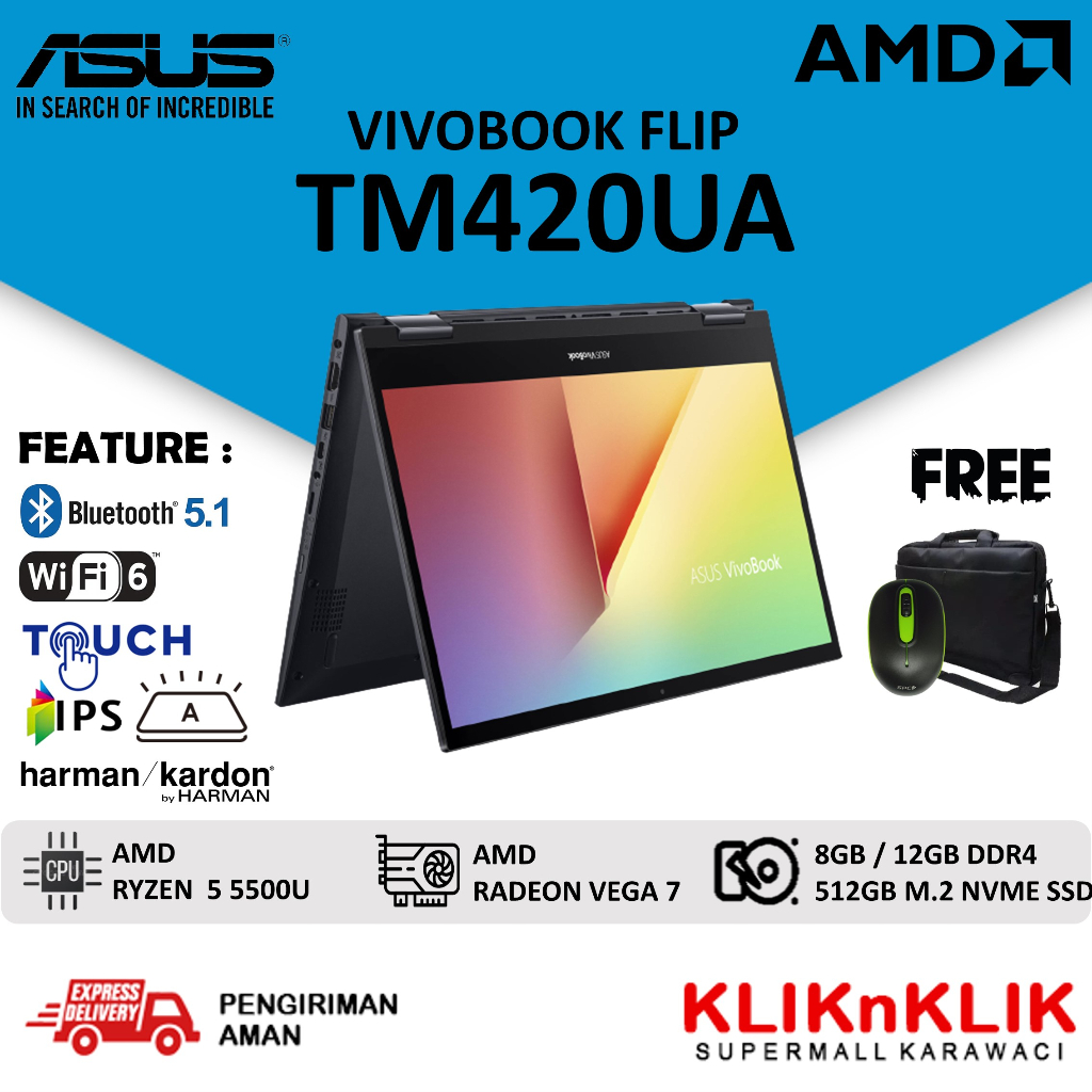 LAPTOP MURAH LAPTOP TOUCHSCREEN ASUS VIVOBOOK TM420UA RYZEN 5 5500U RAM 8GB 256GB SSD FHD WIN10