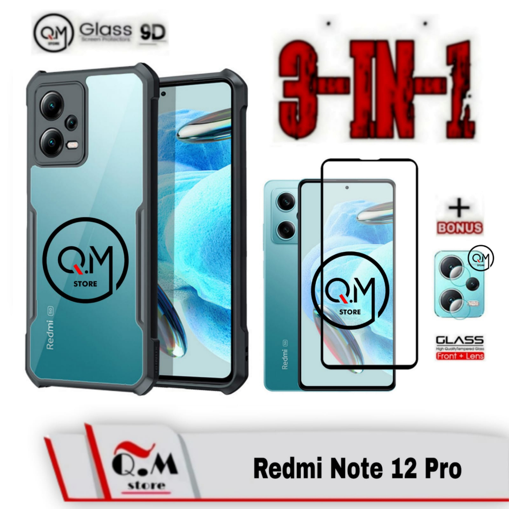 Paket 3 in1 Case Redmi Note 12 Pro Softcase Transparan Armor Acrilik Pelindung Back Cover