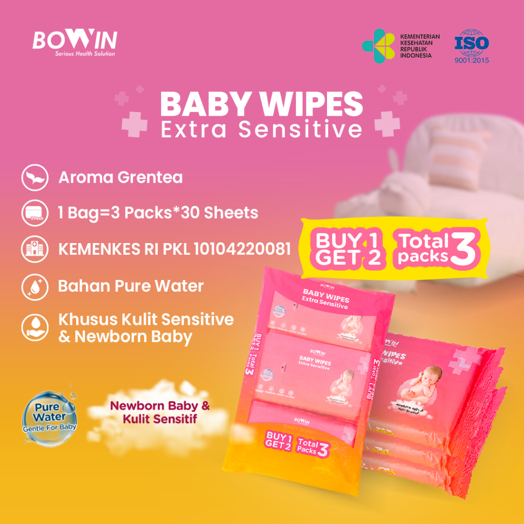 Bowin Baby Wipes Pure Water Newborn &amp; Sensitive Skin [Buy 1 Get 2 = Total 3 Packs]