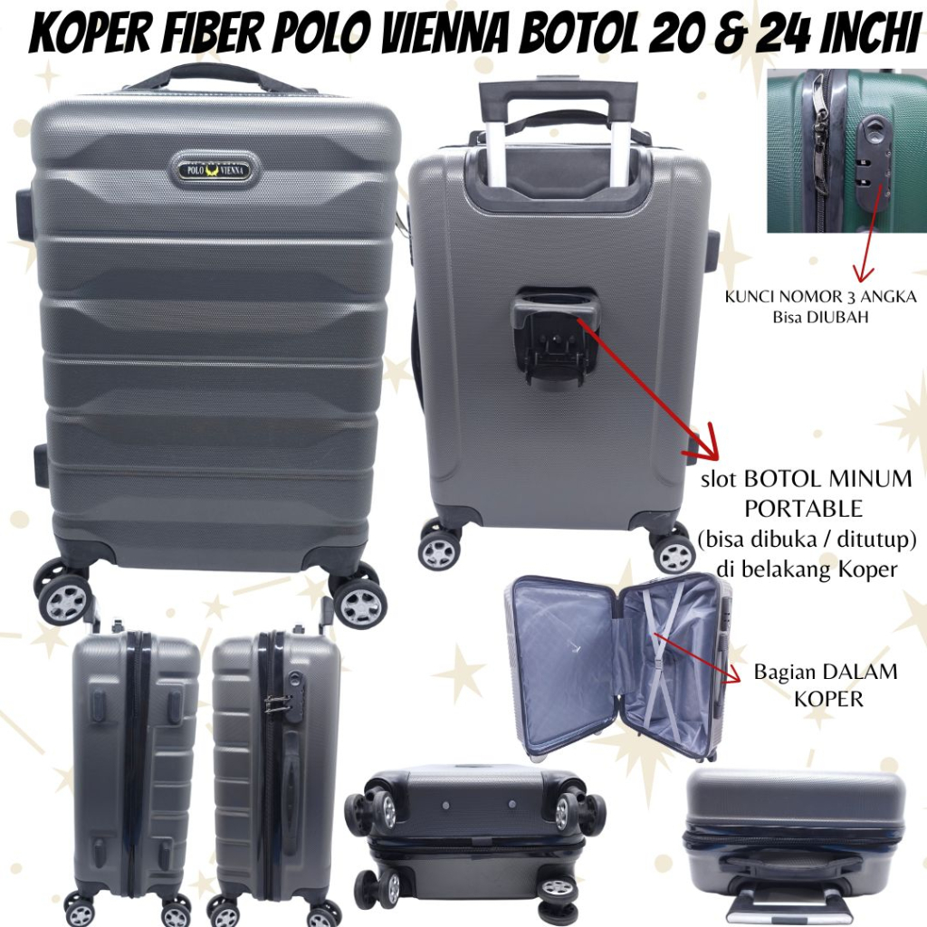 Koper FIBER Polo Viena Motif GARIS + TEMPAT BOTOL Portable TERMURAH / Koper FIBER + Bottle Holder Portable / Koper Fiber POLO Size 20INCH 24 INCH / Fiber Cabin Size Polo Viena 20&quot; 24&quot; TERBARU / Koper Travel POLO VIENA HARD COVER Size KABIN BAGASI COLORFUL