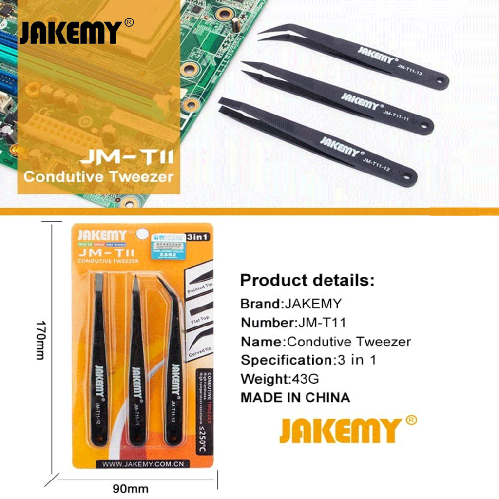 Jakemy JM-T11 3 in 1 Professional Anti-static Pinset Tweezers Kit Repair Tool