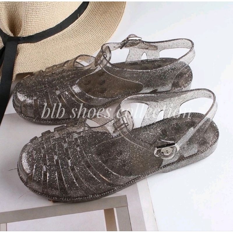 Sandal Wanita Glitter Sandal Tali Gesper Wanita Import Sandal Cewek Glitter Transparan Sandal Jelly Waniya Tali Belakang Trendy Sendal Sepatu Kekinian Nyaman