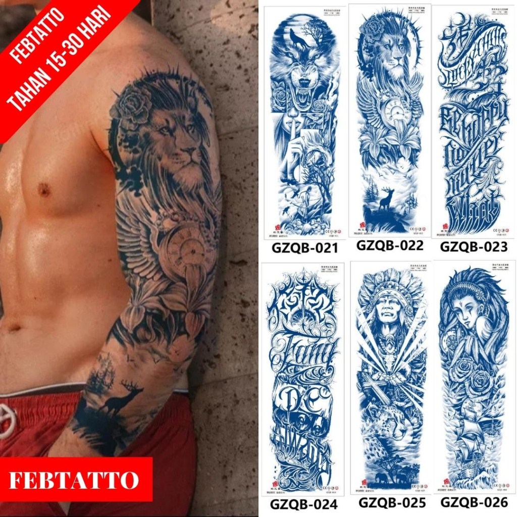 Tato Temporer Ukuran 17cm x 48cm Motif Singa Kompas Bunga Rusa Hutan GZQB 022 Tato Lengan Tato Dada 