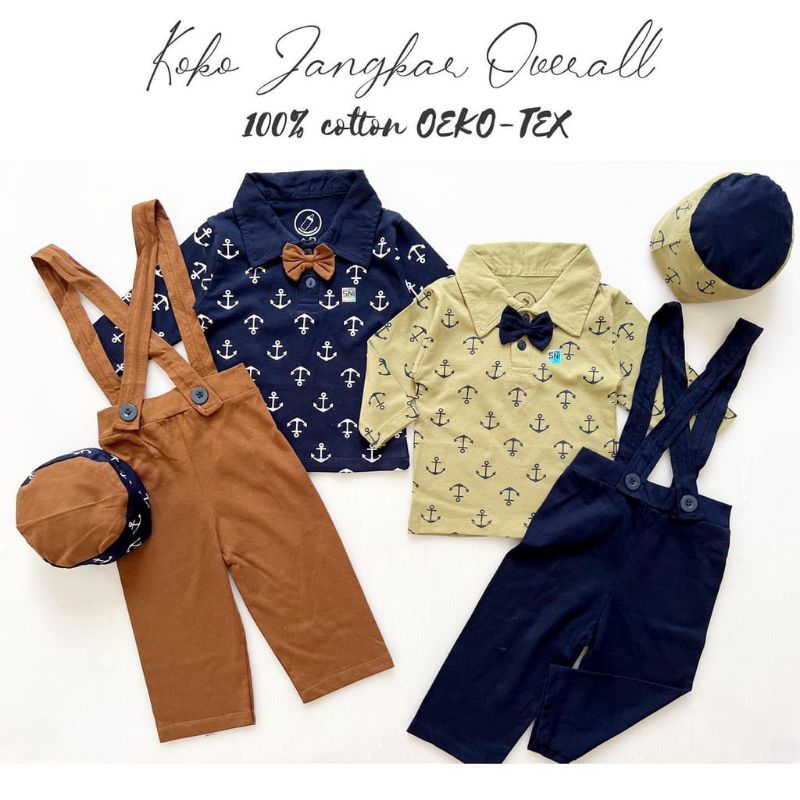 [6-18M] 5in1 Baju setelan koko celana dasi pergi jalan lucu bestseller fashion anak bayi cowok murah / setelan koko tuxedo 5in1 set koko baby boy lucu / hampers baby cowok murah / setelan koko bayi suspender motif jangkar peci dasi celana