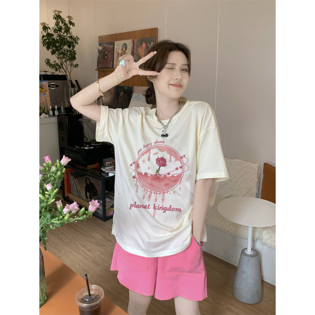 EUNII T-shirt Lengan Pendek Retro Pink Rose BlackPink Korean Style/Kaos Atasan Wanita/Baju Kaus Oversize Wanita/Kaos Wanita