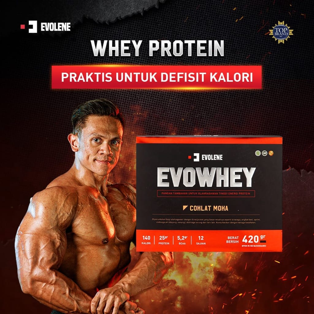 EVOLENE WHEY PROTEIN 12 SACHET SERVING 420 GRAM GR 420GR BPOM  HALAL MUI SUPLEMEN GYM MOKA MOCCA MOCA EVOLIN EVOLINE PRO 456 PROWHEY EVOWHEY EVO COKLAT HAZELNUT MASS MAS (BKN GAINER)