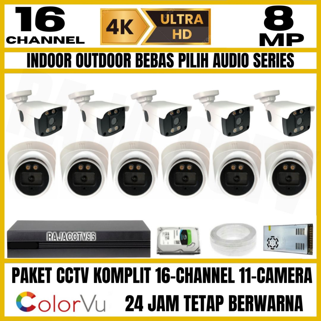 PAKET CCTV 8MP COLORVU COLORFUL 16 CHANNEL 11 KAMERA ULTRA HD CAMERA AUIO SERIES