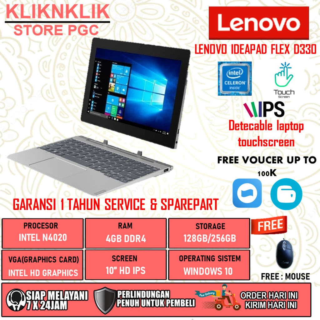 Promo Laptop Murah Lenovo Ideapad D330 NTEL N4020 8GB 128GB Touch Windows 10 Mineral Grey