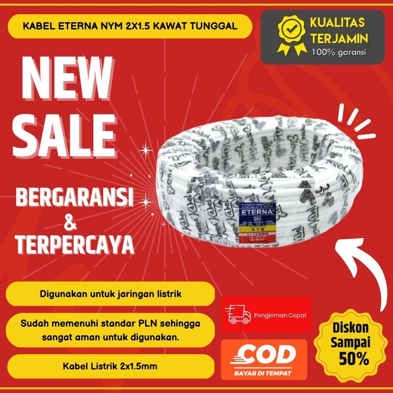 Kabel Eterna Nym 2X1.5 Kawat Tunggal Meteran Kabel Listrik Permeter - Sedia Kabel Listrik Tembaga Serabut 2 X 2.5 1.5 Eterna Roll Kawat Sni 50 Meter Transparan Tunggal 2X2.5 2X1.5 1 2X0.75 2X2 5 Asli 2X4Mm 100 Besar 2X2,5 M Extrana Engkel Hitam Mm 3X1,5 3