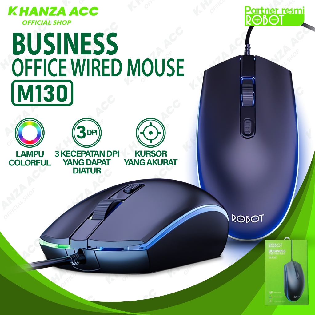 KHANZAACC ROBOT M130 Mouse Wired 1600DPI Colorful LED 3 Kecepatan DPI