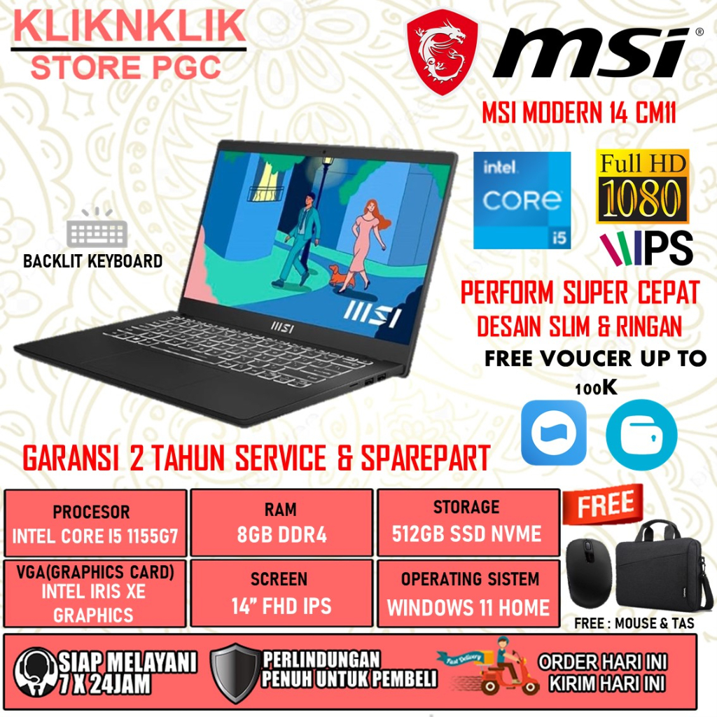 MSI MODERN 14 CM11 INTEL I3 1115G7 RAM 8GB 256GB SSD FHD IPS BACKLIT WINDOW 11 HOME BLACK