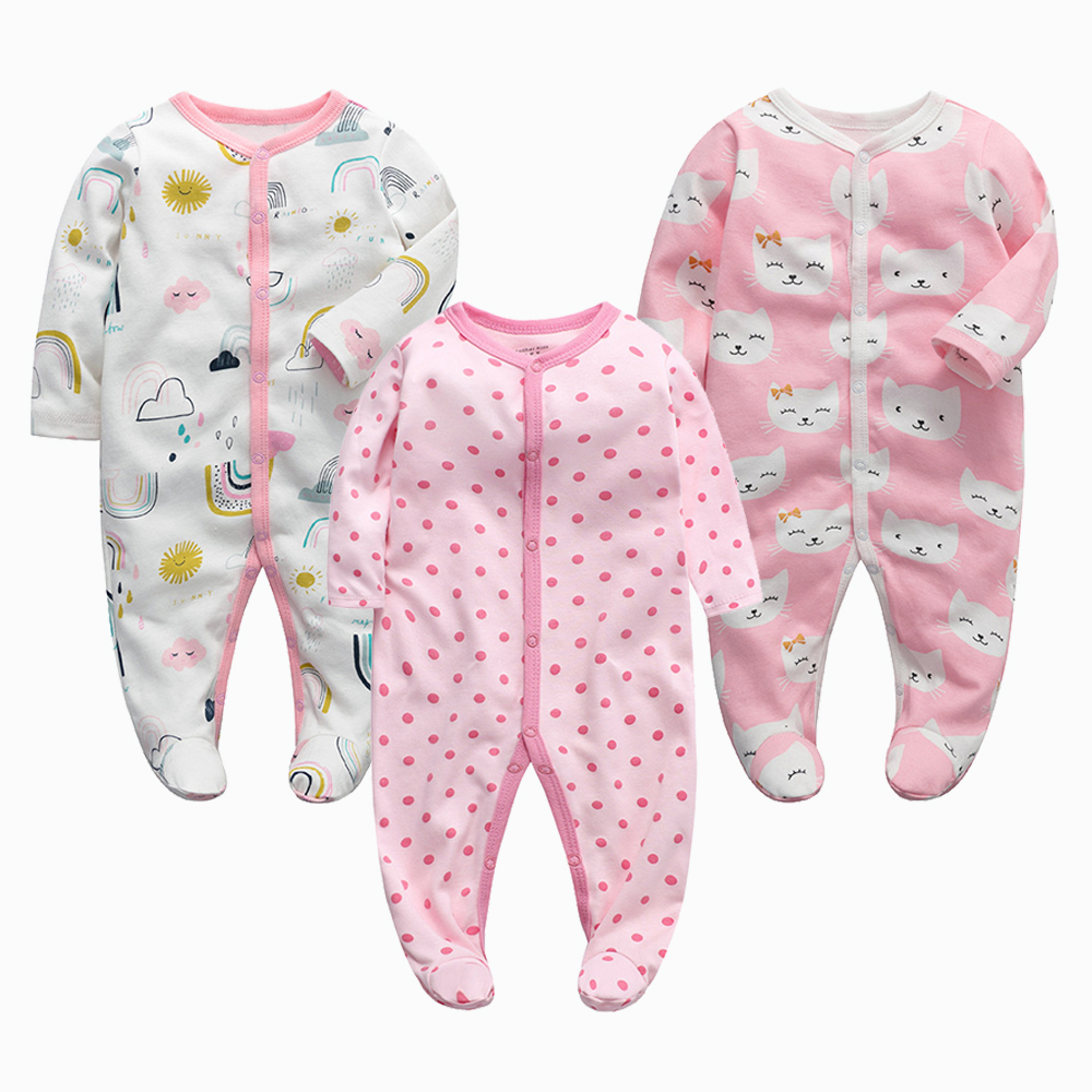 Set 3 pcs 0-12 bulan Sleepsuit Cotton jumper Cetakan kartun piyama baju lengan panjang tidur Bayi Pe