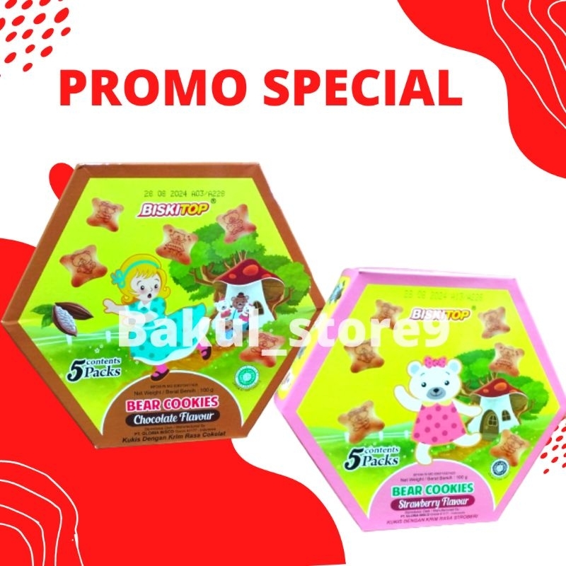 PROMO !! BISKITOP BEAR COOKIES LUCU RASA COKLAT / STRAWBERRY 100 GRAM TERMURAH COCOK UNTUK OLEHOLEH IDUL FITRI